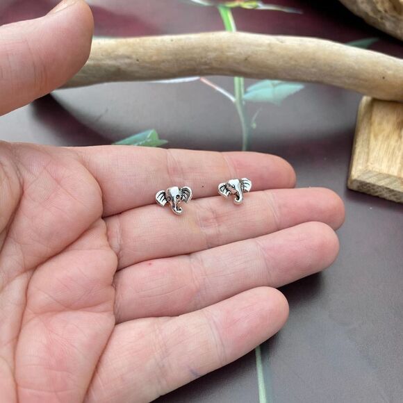 Elephant Head Solid Sterling Silver Stud Earrings - Picture 3 of 5
